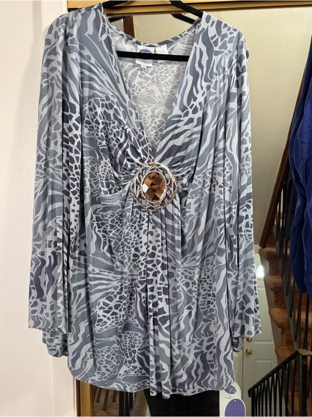 Gray Animal Print V-Neck Tunic with Decorative Gem Accent